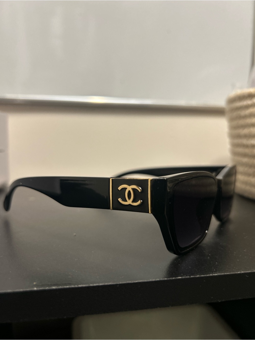 CHANEL Black Sunglasses with Gold CC Emblem